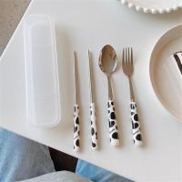 可爱学生不锈钢便携餐具套装筷子勺子叉子三件套旅行少女心单人装|牛奶款黑白*筷叉勺3件套送收纳盒