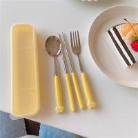 可爱学生不锈钢便携餐具套装筷子勺子叉子三件套旅行少女心单人装|猫爪款黄色*筷叉勺3件套送收纳盒