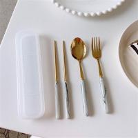 可爱学生不锈钢便携餐具套装筷子勺子叉子三件套旅行少女心单人装|大理石纹墨黑*筷叉勺3件套纹理随机