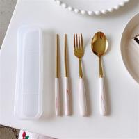 可爱学生不锈钢便携餐具套装筷子勺子叉子三件套旅行少女心单人装|大理石纹石粉*筷叉勺3件套纹理随机