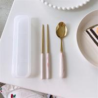 可爱学生不锈钢便携餐具套装筷子勺子叉子三件套旅行少女心单人装|大理石纹石粉*筷勺2件套纹理随机