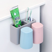 小麦秸秆壁挂免粘贴挂钩卫生间挤牙膏器无痕打孔套装漱口杯|挂壁式二杯情侣带杯牙刷架