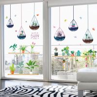 自粘创意玻璃窗户田园客厅装饰贴纸小清新墙贴画卧室背景墙纸壁纸|水晶玻璃杯41C2+手绘盆栽41A5
