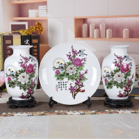 陶瓷器花瓶摆件中式插花瓷瓶三件套酒柜装饰品盘家居工艺品|月亮冬瓜三件 龙架