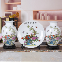 陶瓷器花瓶摆件中式插花瓷瓶三件套酒柜装饰品盘家居工艺品|锦堂冬瓜三件 龙架