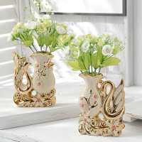 仿真花假花花瓶陶瓷插花套装电视柜摆设装饰品摆件客厅家居工艺品|小天鹅一对（带绿白玫瑰花）