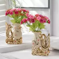 仿真花假花花瓶陶瓷插花套装电视柜摆设装饰品摆件客厅家居工艺品|小天鹅一对(带玫红玫瑰花)