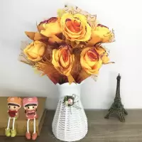假花仿真花束客厅摆设装饰花卉餐桌摆件卧室绢花|秋玫黄色+花瓶