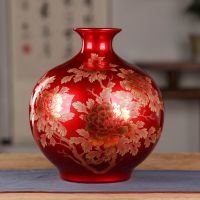 陶瓷器家居客厅中式水晶釉花瓶插花器桌面摆件电视柜装饰品|水晶釉红色金沙石榴瓶