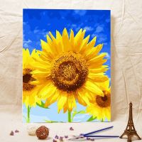 数字油画油彩画客厅花卉简单手绘数码填色装饰画阳光向日葵|006向日葵蓝天 60*75绷好内框2.5cm厚+支架