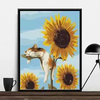 数字油画油彩画客厅花卉简单手绘数码填色装饰画阳光向日葵|066-猫咪向日葵 50*65送外框(颜色备注)+支架