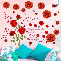 浪漫温馨卧室墙贴玫瑰花卉婚房床头装饰贴纸客厅女孩房间背景贴画H7|红色玫瑰+玫瑰花朵