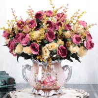 欧式仿真干花客厅家居摆设盆栽套装摆件室内餐桌茶几塑料假花绢花C6|D瓶+小欧玫旧红