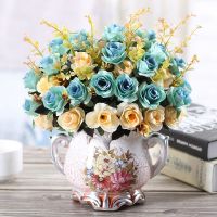 欧式仿真干花客厅家居摆设盆栽套装摆件室内餐桌茶几塑料假花绢花C6|D瓶+小欧玫蓝