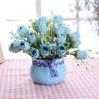 桌面假花盆栽小摆件卧室客厅仿真花装饰品花艺摆设N9|开口蕾蓝+蓝瓶
