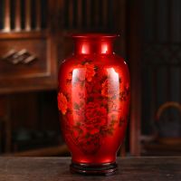 陶瓷器中国红水晶釉花开富贵花瓶家饰工艺品客厅摆件U3|红色晶红牡丹冬瓜瓶送底座