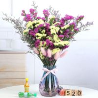 干花花束客厅装饰摆件真花勿忘我鲜花花卉雏菊家居花瓶I9|红黄勿+草+粉兔尾 带蓝红色花瓶