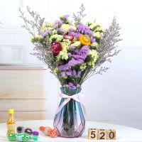 干花花束客厅装饰摆件真花勿忘我鲜花花卉雏菊家居花瓶I9|浅紫黄勿+草+雏菊 带蓝红色花瓶