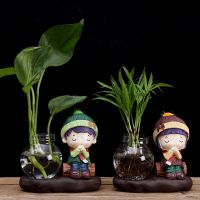 花瓶玻璃摆件装饰品客厅插花干花陶瓷小富贵竹水培植物花盆花器Z5|许愿情侣一对(不含石头植物)