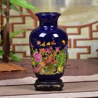新中式玻璃花瓶透明水培植物富贵竹插干花红色创意摆件装饰品Q4|蓝色鸟语花香冬瓜送木座