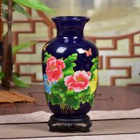 新中式玻璃花瓶透明水培植物富贵竹插干花红色创意摆件装饰品Q4|蓝国色天香冬瓜送木座