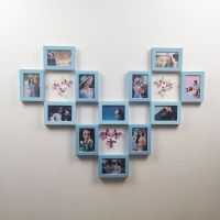 心型12框照片墙相框网红房间装饰品ins少女心女生宿舍装饰物|天蓝色[赠12只蝴蝶] 12个5寸相框+洗12张5寸照片