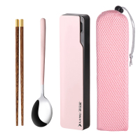 木质筷子勺子三件套餐具套装学生叉子单人装便携收纳盒上班族筷勺Q2|粉银木筷+勺子(送粉盒+粉袋子)