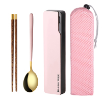 木质筷子勺子三件套餐具套装学生叉子单人装便携收纳盒上班族筷勺Q2|粉金木筷+勺子(送粉盒+粉袋子)