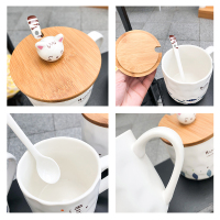 创意带勺咖啡马克杯可爱水杯磨砂猫咪木盖杯男女情侣牛奶杯子