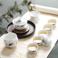 家用茶具办公家用盖碗茶具白瓷冰裂茶杯盖碗功夫茶具套装整套|10头盖碗玉影荷香(立)