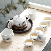 家用茶具办公家用盖碗茶具白瓷冰裂茶杯盖碗功夫茶具套装整套|10头茶壶玉影荷香(立)