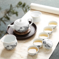 家用茶具办公家用盖碗茶具白瓷冰裂茶杯盖碗功夫茶具套装整套|10头茶壶山流水(立)