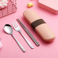 不锈钢筷子勺子叉子套装单人学生日式便携式可爱餐具盒三件套C6|粉色4件套[叉勺筷盒]