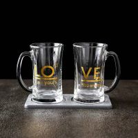 漱口杯透明玻璃北欧式刷牙杯洗漱杯套装浴室创意简约家用情侣一对|有柄-LOVE三件套-带吸水托盘