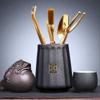 功夫茶具配件铜制茶道六茶夹茶勺茶刀筒养壶笔套装6zV8|天福茶道筒+黄铜5件套+大肚金蟾+黑陶禅定杯98