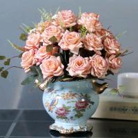 欧式假花仿真花客厅摆设餐桌茶几绢花摆花件卧室装饰玫瑰干花盆栽|蓝喜鹊+4卷边玫瑰咖啡色