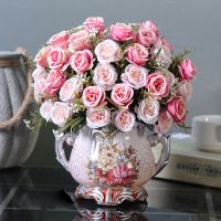 欧式仿真干花客厅摆设盆栽套装饰品摆花室内餐桌茶几塑料假花摆件|D瓶+蔷薇玫玫红
