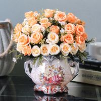 欧式仿真干花客厅摆设盆栽套装饰品摆花室内餐桌茶几塑料假花摆件|D瓶+蔷薇玫香槟