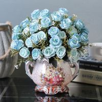 欧式仿真干花客厅摆设盆栽套装饰品摆花室内餐桌茶几塑料假花摆件|D瓶+蔷薇玫蓝
