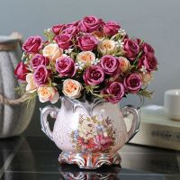 欧式仿真干花客厅摆设盆栽套装饰品摆花室内餐桌茶几塑料假花摆件|D瓶+蔷薇玫旧红