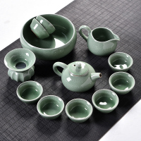 整套功夫茶具 泡茶杯盖碗茶壶 青瓷哥窑开片茶具套装家用O3|豆绿色哥窑古壶13件
