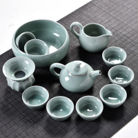 整套功夫茶具 泡茶杯盖碗茶壶 青瓷哥窑开片茶具套装家用O3|天青色哥窑古壶13件