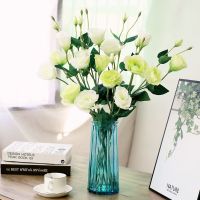 欧式仿真花假花 客厅家居饰品干花绢花装饰花 桔梗花花艺餐桌摆件|3枝绿色+3枝白色+蓝色玻璃花瓶