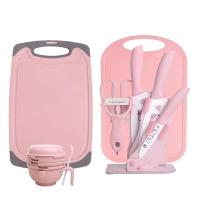 婴儿宝宝辅食刀具套装韩国印花刀家用全套不锈钢切片刀E0|粉色猫（送薄厚菜板和研磨碗）送辅食书