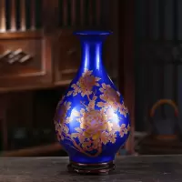 陶瓷器 中国红水晶釉花开富贵花瓶 家饰工艺品客厅摆件V8|蓝金沙玉壶春瓶送底座