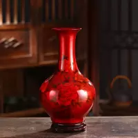 陶瓷器 中国红水晶釉花开富贵花瓶 家饰工艺品客厅摆件V8|红色晶红赏瓶送底座