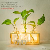 北欧绿萝水培植物玻璃花瓶小清新客厅餐桌插花摆件办公室桌面装饰|LOVE三孔花瓶-带灯