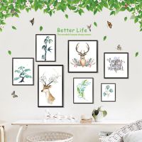 猫咪卧室温馨墙贴画女生房间装饰品墙壁布置墙贴纸贴宿舍墙纸自粘|清新绿叶+小鹿相框 特大