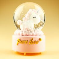 自动飘雪六一儿童水晶球音乐盒八音盒创意生日礼物送女生女孩公主P5|123独角兽粉色 中号闪灯音乐雪花（礼品包装）+手提袋