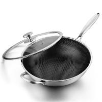厂不锈钢炒锅32/34cm五层钢不粘无涂层炒菜锅平底锅电磁燃气J2|[第四代]屏双耳玻璃盖送铲+蒸片 34cm